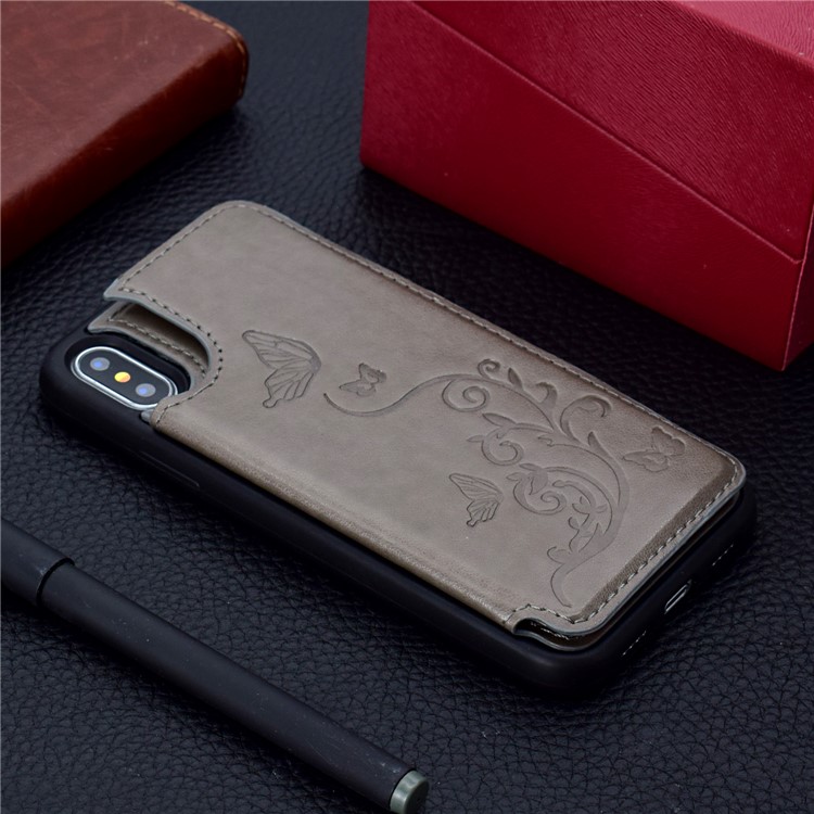 Imprint Butterfly Flower Card Slot PU Coated TPU Case with Kickstand for iPhone X - Grey-8