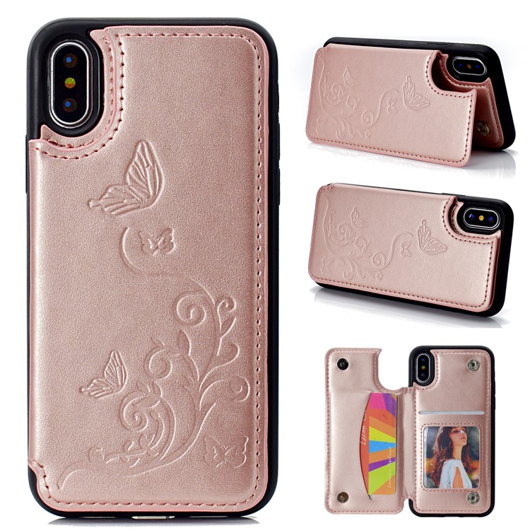 

Imprint Butterfly Flower Card Slot PU Coated TPU Cover with Kickstand for iPhone XS / X 5.8 inch - Rose Gold