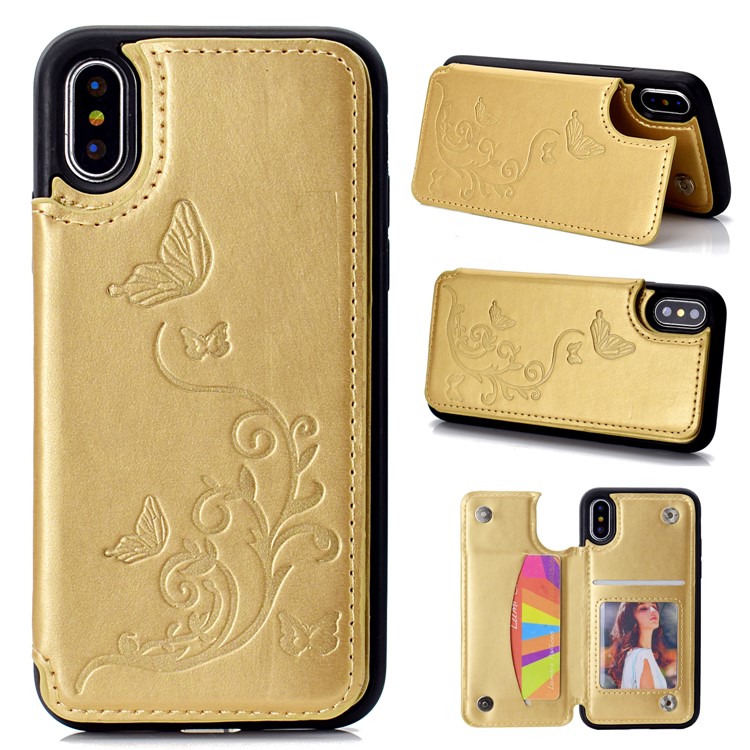 

Imprint Butterfly Flower Card Slot PU Coated TPU Shell with Kickstand for iPhone XS / X 5.8 inch - Gold