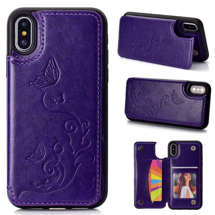 

Imprint Butterfly Flower Card Slot PU Coated TPU Casing with Kickstand for iPhone XS / X 5.8 inch - Purple