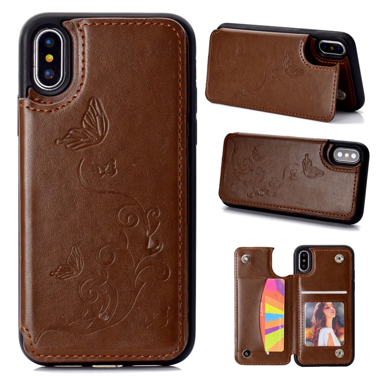 

Imprint Butterfly Flower Card Slot PU Coated TPU Mobile Phone Case with Kickstand for iPhone XS / X 5.8 inch - Brown