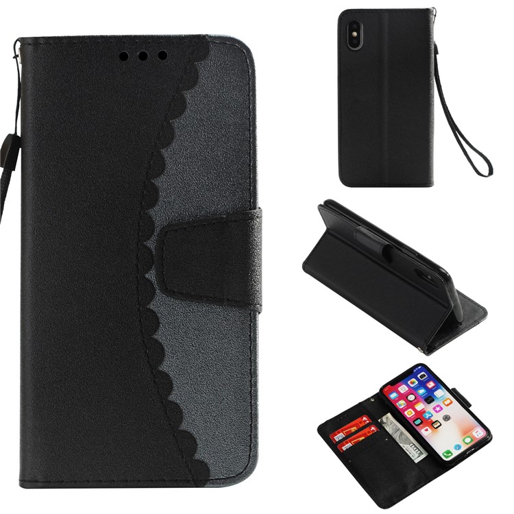 

Splicing Bi-color PU Leather Magnetic Wallet Stand Case with Strap for iPhone XS / X 5.8 inch - Black / Grey