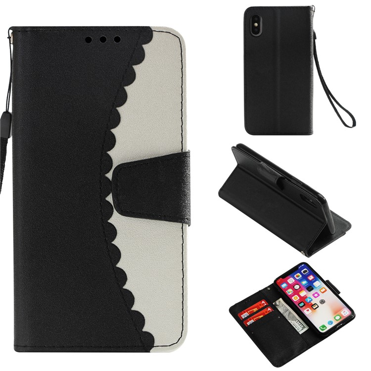 

Splicing Bi-color PU Leather Magnetic Wallet Stand Cover with Strap for iPhone XS / X 5.8 inch - Black / White