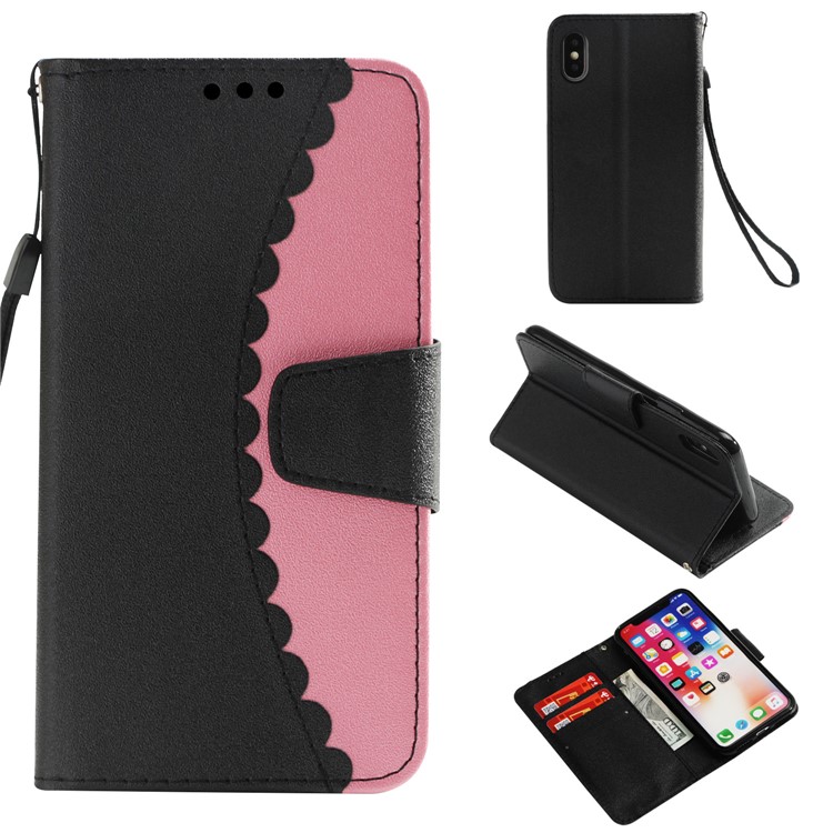 

Splicing Bi-color PU Leather Magnetic Wallet Stand Shell with Strap for iPhone XS / X 5.8 inch - Black / Rose