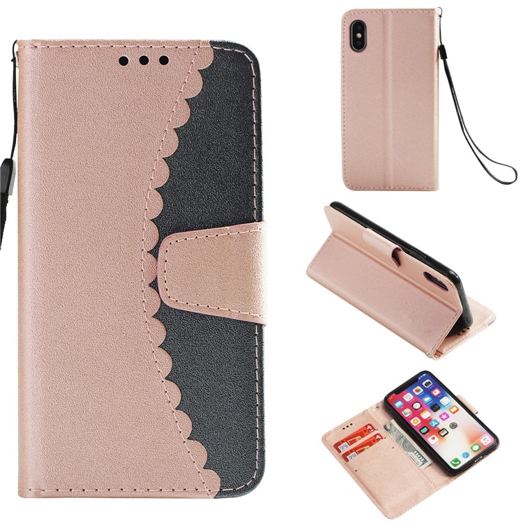 

Splicing Bi-color PU Leather Magnetic Wallet Stand Cell Phone Case with Strap for iPhone XS / X 5.8 inch - Rose Gold / Grey