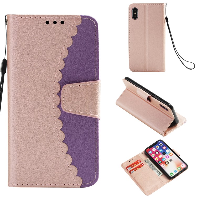 Splicing Bi-color PU Leather Magnetic Wallet Stand Cell Phone Cover with Strap for iPhone X - Rose Gold / Purple-1