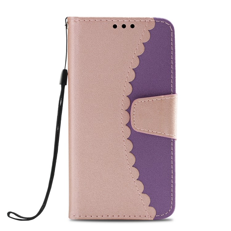 Splicing Bi-color PU Leather Magnetic Wallet Stand Cell Phone Cover with Strap for iPhone X - Rose Gold / Purple-2