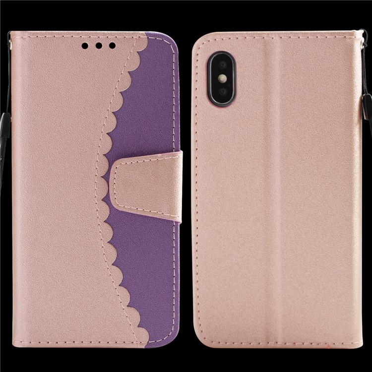 Splicing Bi-color PU Leather Magnetic Wallet Stand Cell Phone Cover with Strap for iPhone X - Rose Gold / Purple-3