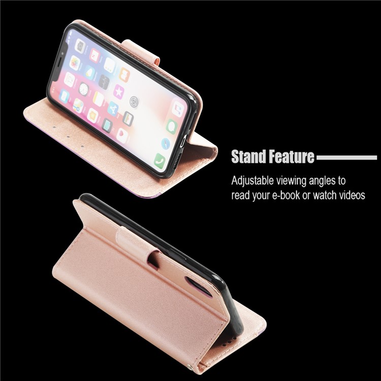 Splicing Bi-color PU Leather Magnetic Wallet Stand Cell Phone Cover with Strap for iPhone X - Rose Gold / Purple-4