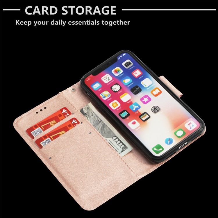 Splicing Bi-color PU Leather Magnetic Wallet Stand Cell Phone Cover with Strap for iPhone X - Rose Gold / Purple-6