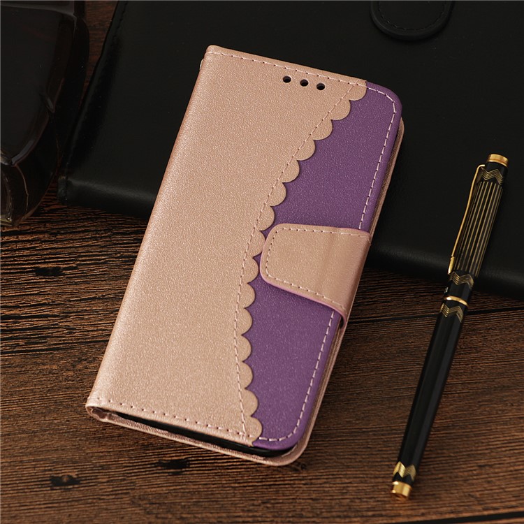 Splicing Bi-color PU Leather Magnetic Wallet Stand Cell Phone Cover with Strap for iPhone X - Rose Gold / Purple-8