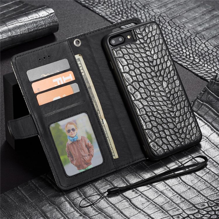 WHATIF Detachable 2-in-1 Crocodile Texture Leather Wallet Case for iPhone 8 Plus / 7 Plus - Silver Black-3