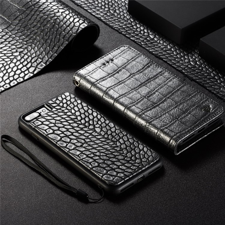 WHATIF Detachable 2-in-1 Crocodile Texture Leather Wallet Case for iPhone 8 Plus / 7 Plus - Silver Black-4