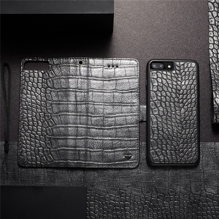 WHATIF Detachable 2-in-1 Crocodile Texture Leather Wallet Case for iPhone 8 Plus / 7 Plus - Silver Black-5