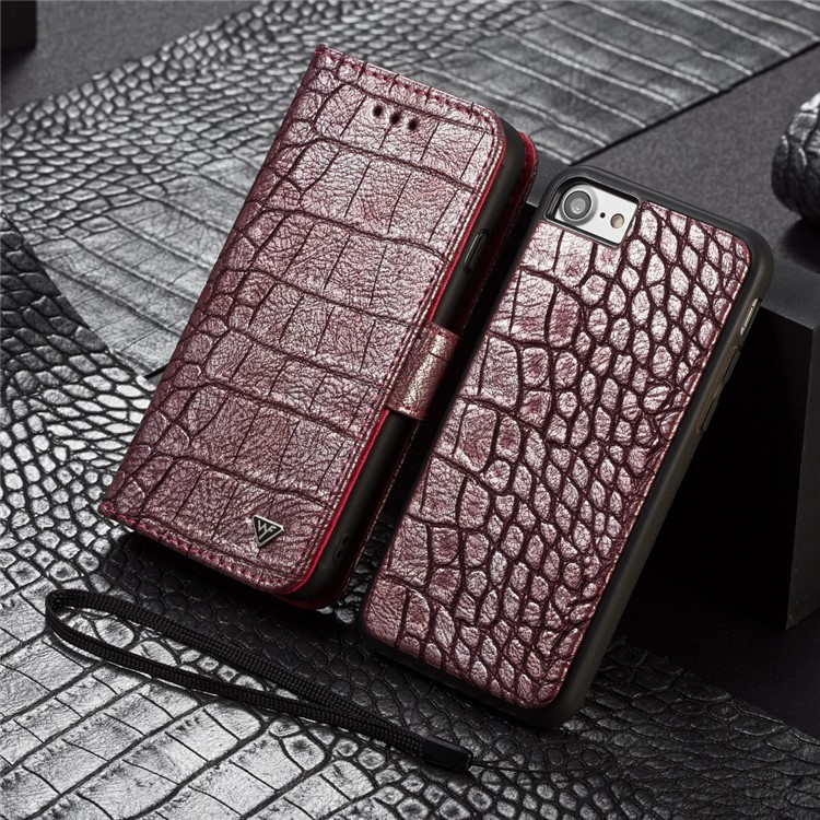 Tampa Destacável Do Telefone Da Carteira Do Couro Da Textura Do Crocodilo De WHATIF 2 In-1 Para O Iphone 8 / 7 4,7 Polegadas - Vinho Vermelho-1