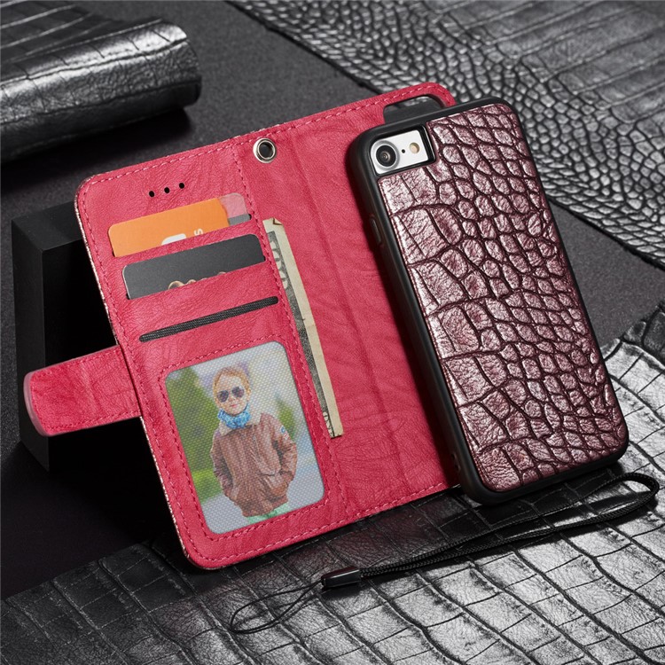 Tampa Destacável Do Telefone Da Carteira Do Couro Da Textura Do Crocodilo De WHATIF 2 In-1 Para O Iphone 8 / 7 4,7 Polegadas - Vinho Vermelho-3