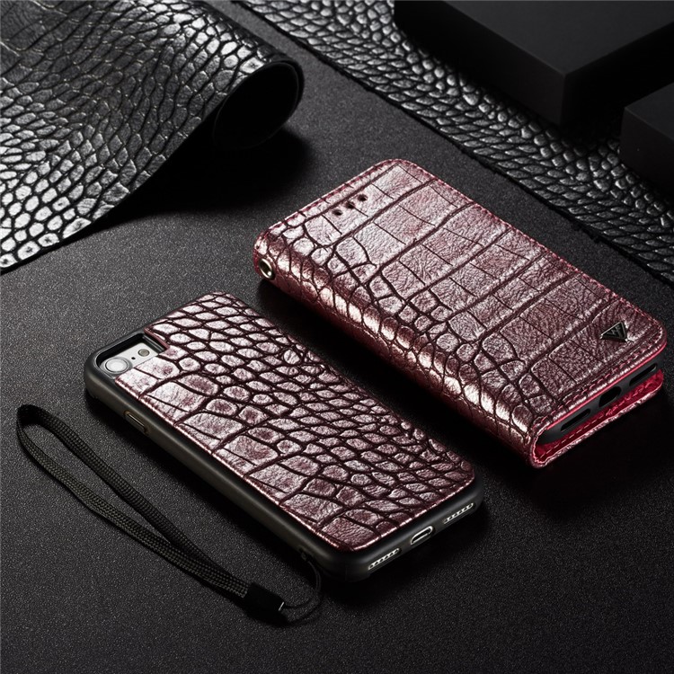 Tampa Destacável Do Telefone Da Carteira Do Couro Da Textura Do Crocodilo De WHATIF 2 In-1 Para O Iphone 8 / 7 4,7 Polegadas - Vinho Vermelho-4