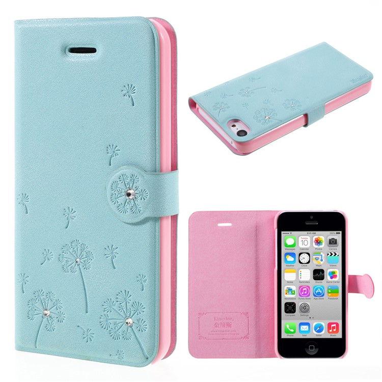 

KINGXBAR Dandelion Pattern Rhinestone Leather Protective Case for iPhone 5c - Baby Blue