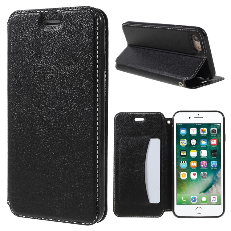 

For iPhone 8 / 7 4.7 inch Auto-absorbed Leather Card Holder Stand Mobile Cover - Black
