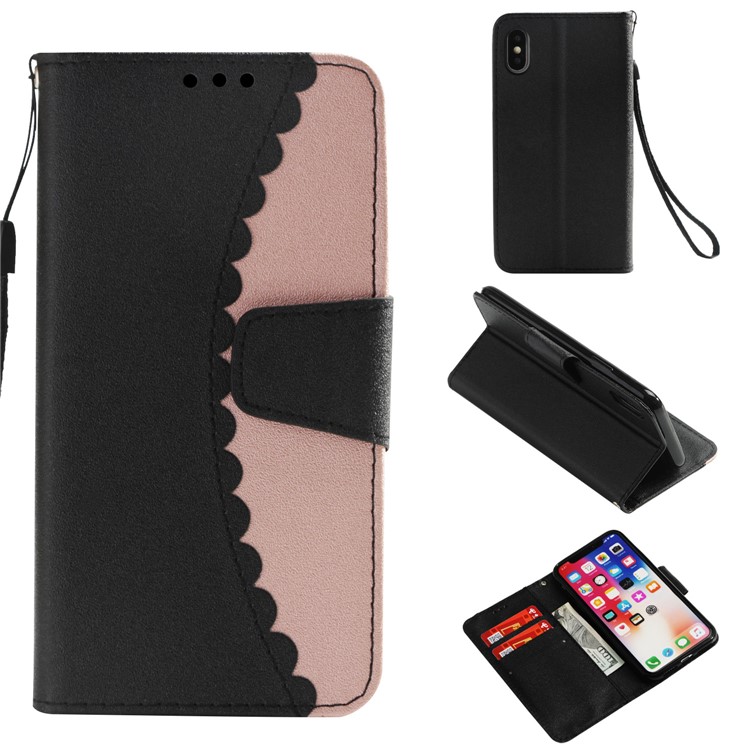 

Two-tone Splicing Wallet Leather Flip Stand Mobile Case for iPhone XS / X 5.8 inch - Black / Rose Gold