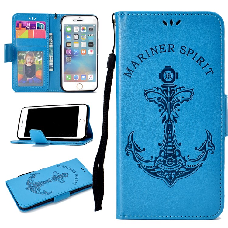 

Imprinted Boat Anchor Pattern Leather Wallet Phone Cover with Strap for iPhone 8 Plus/7 Plus 5.5 inch - Blue, iPhone 8 Plus