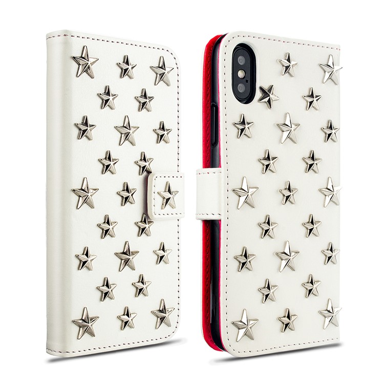 

3D Metal Stars Decoration PU Leather Cover with Card Slots for iPhone XS / X 5.8 inch - White