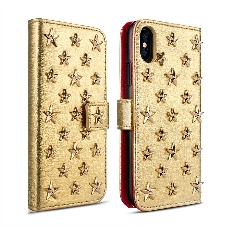 

3D Metal Stars Decoration Wallet Leather Cell Phone Case for iPhone XS / X 5.8 inch - Gold