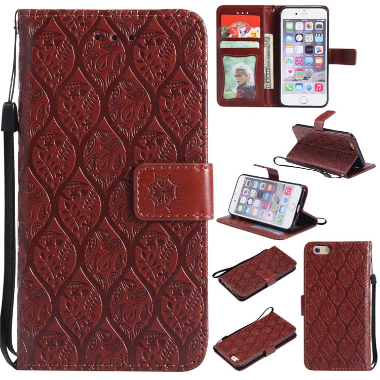 Imprint Leaf Leather Wallet Case with Stand for iPhone 6s 6 - Brown-1