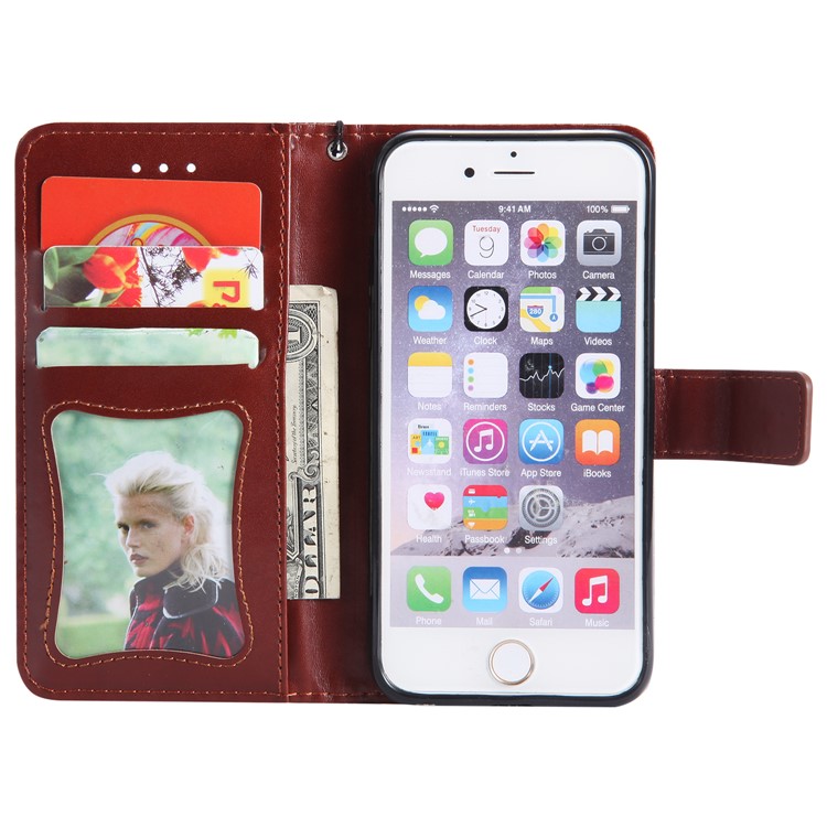 Imprint Leaf Leather Wallet Case with Stand for iPhone 6s 6 - Brown-4