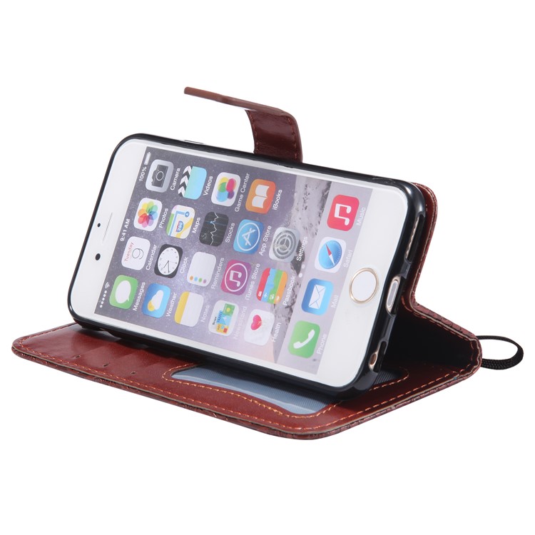 Imprint Leaf Leather Wallet Case with Stand for iPhone 6s 6 - Brown-7
