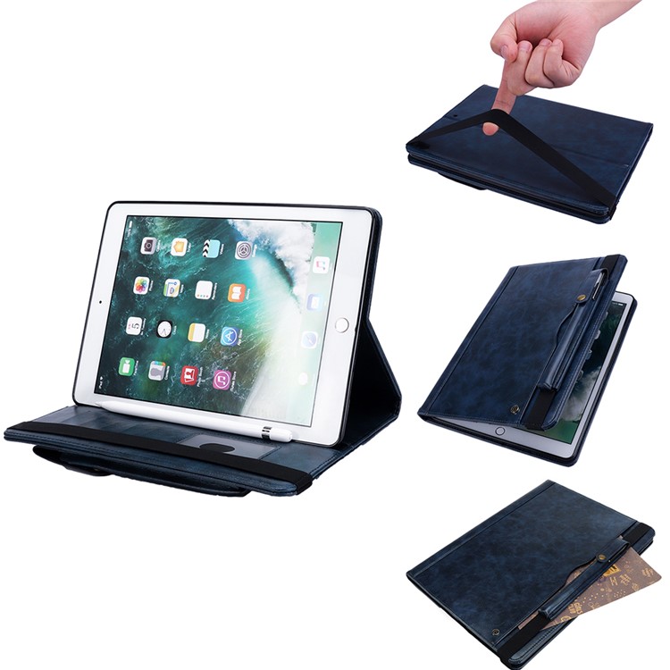 

Для Ipad Pro 10.5-inch (2017) Ретро Сумасшедшая Лошадь Зерна PU Кожаный Стенд Кошелек Планшет С Флип-чехол С Ручкой Слот - Темно-синий