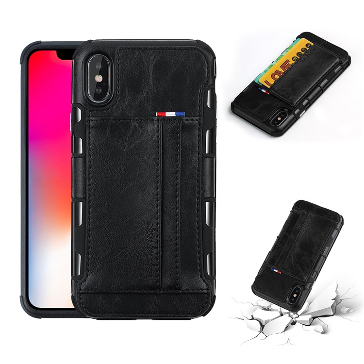 

Double Card Slots PU Leather Coated PC TPU Hybrid Case for iPhone XS / X 5.8 inch - Black