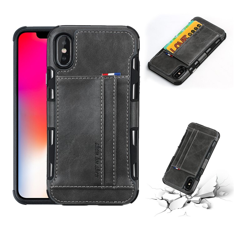 

Double Card Slots PU Leather Coated PC TPU Hybrid Phone Cover for iPhone XS / X 5.8 inch - Grey