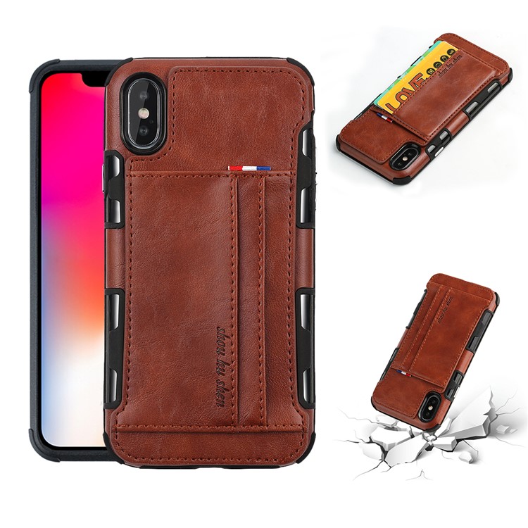 

Двойной Слот Для Карт PU Кожа С Покрытием PC TPU Гибридный Чехол Для Iphone X - Коричневый
