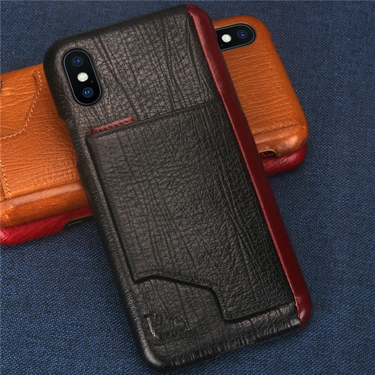 UKADONIS UKF-L03 Card Holder Genuine Leather Coated PC Case with Kickstand for iPhone X - Black-2