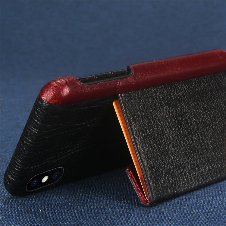 UKADONIS UKF-L03 Card Holder Genuine Leather Coated PC Case with Kickstand for iPhone X - Black-3