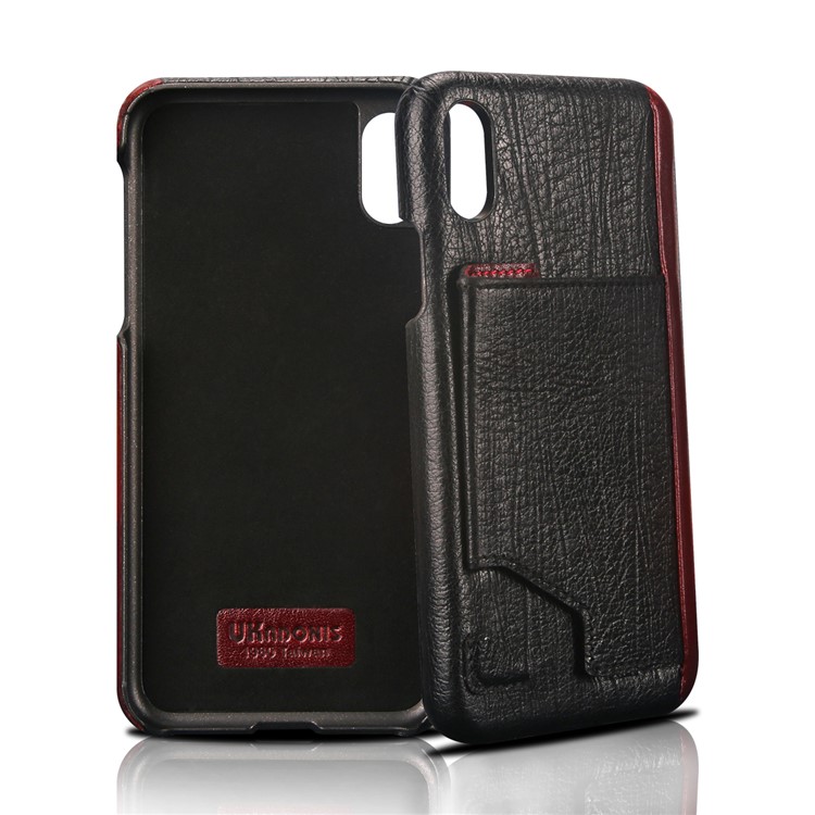 UKADONIS UKF-L03 Card Holder Genuine Leather Coated PC Case with Kickstand for iPhone X - Black-4