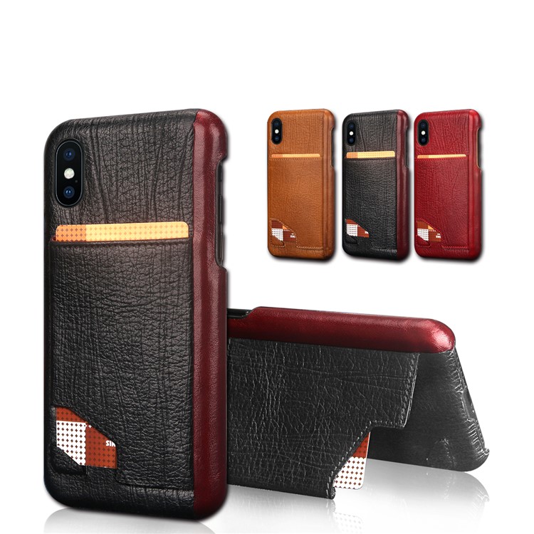 UKADONIS UKF-L03 Card Holder Genuine Leather Coated PC Case with Kickstand for iPhone X - Black-5