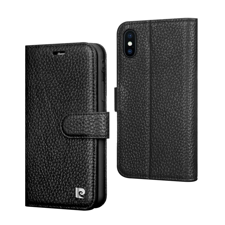 

PIERRE CARDIN Litchi Grain Genuine Leather Wallet Phone Cover with Stand for iPhone XS / X 5.8 inch - Black, iPhone X