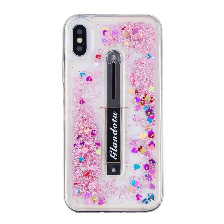 Glitter Powder Quicksand TPU + PC Hybrid Case with Finger Grip Kickstand for iPhone X - Pink-2