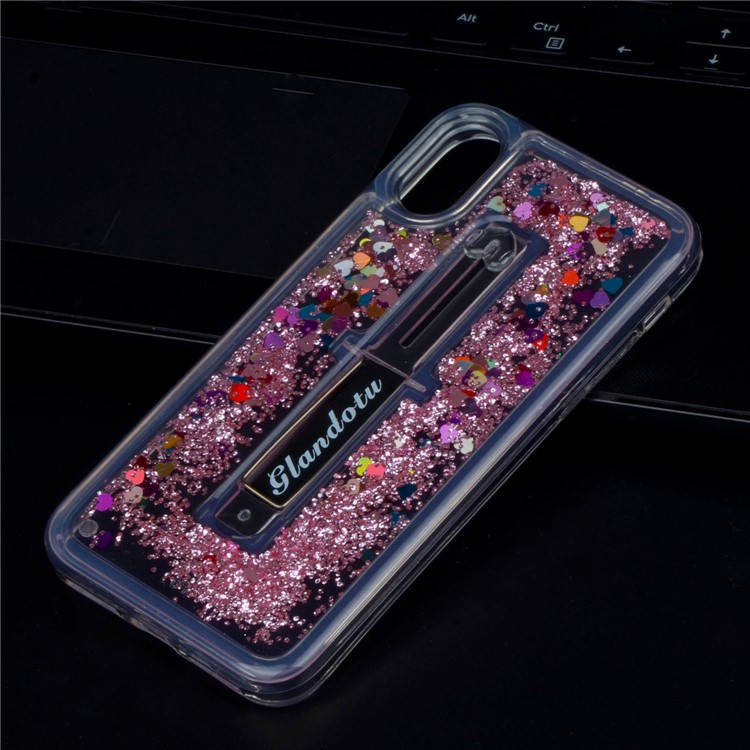 Glitter Powder Quicksand TPU + PC Hybrid Case with Finger Grip Kickstand for iPhone X - Pink-3