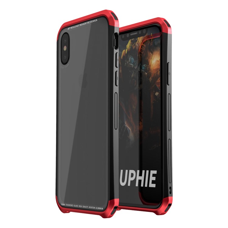 LUPHIE for iPhone X Double Dragon Tempered Glass Back + PC Metal Bumper Hybrid Case - Red-1