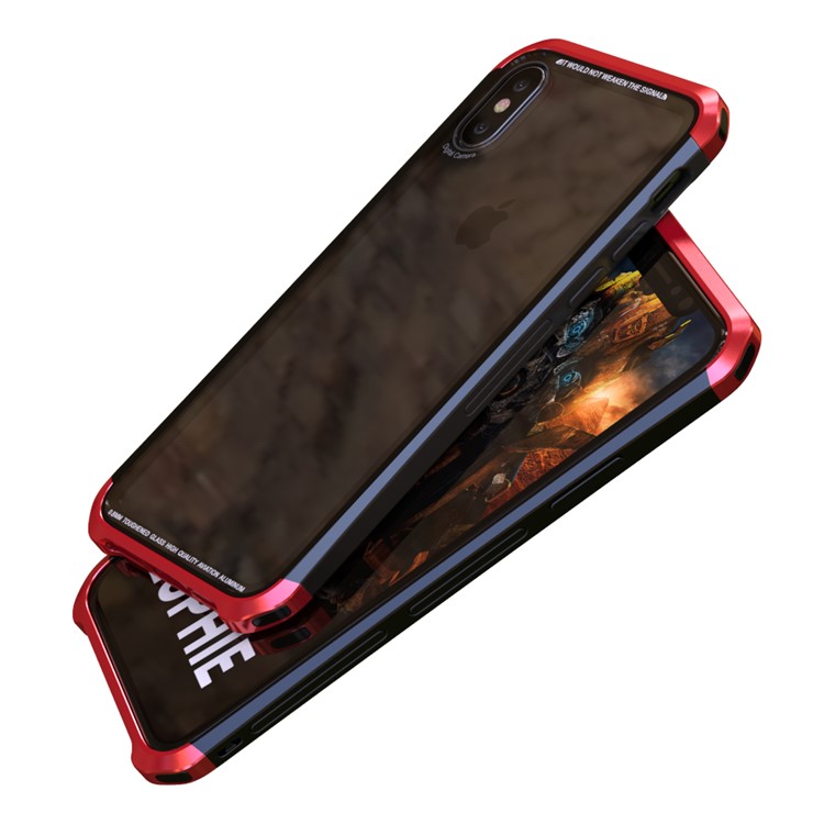 LUPHIE for iPhone X Double Dragon Tempered Glass Back + PC Metal Bumper Hybrid Case - Red-10