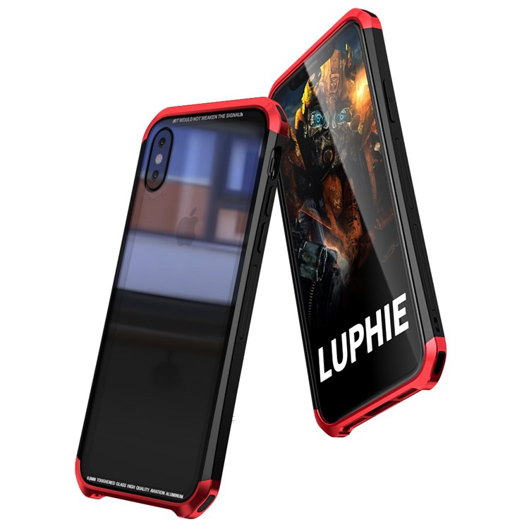 LUPHIE for iPhone X Double Dragon Tempered Glass Back + PC Metal Bumper Hybrid Case - Red-2