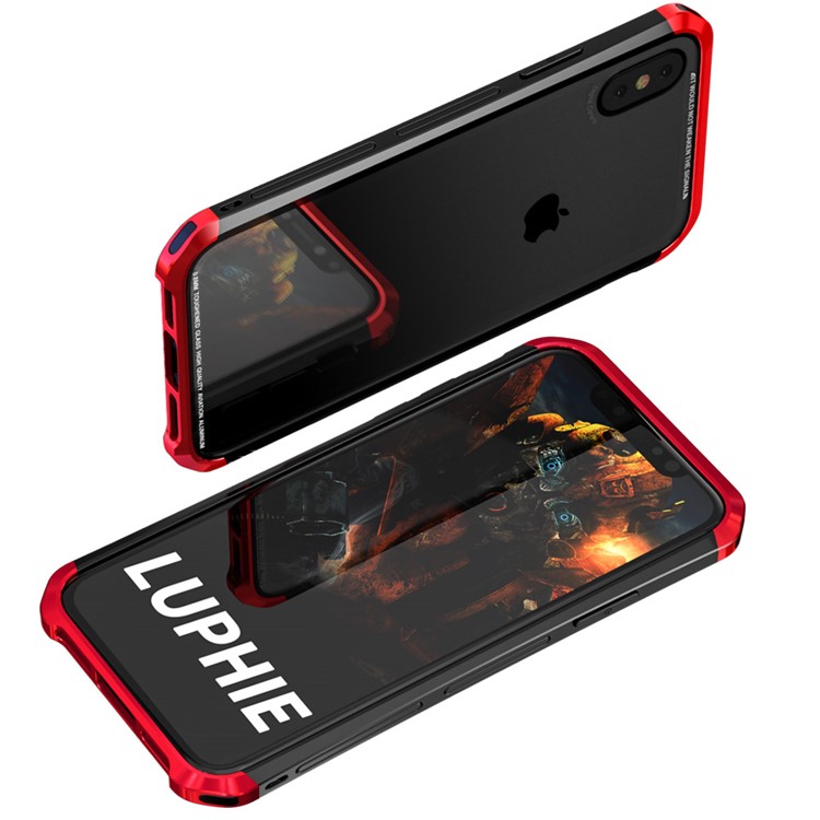 LUPHIE for iPhone X Double Dragon Tempered Glass Back + PC Metal Bumper Hybrid Case - Red-3