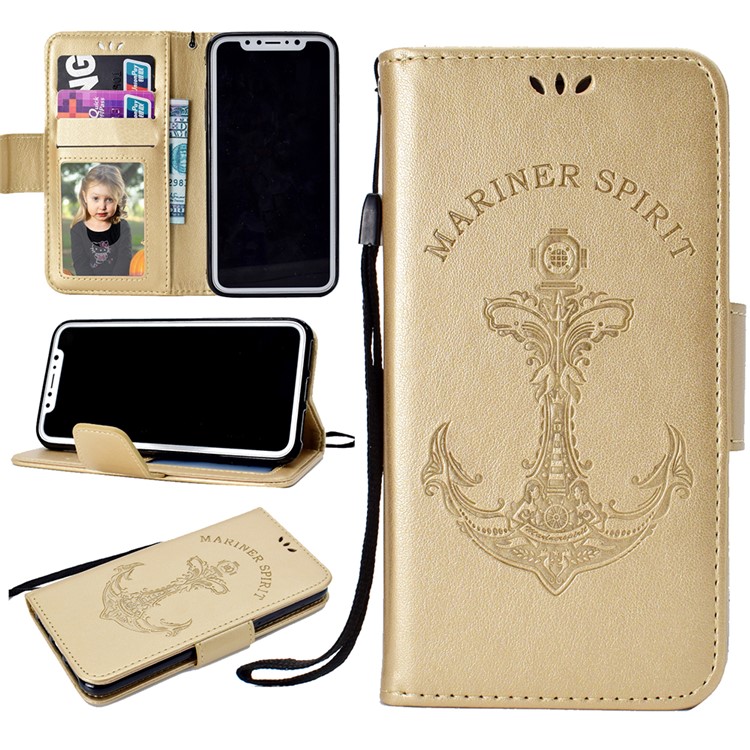 

Imprinted Boat Anchor Pattern PU Leather Wallet Phone Casing for iPhone X - Gold, iPhone X