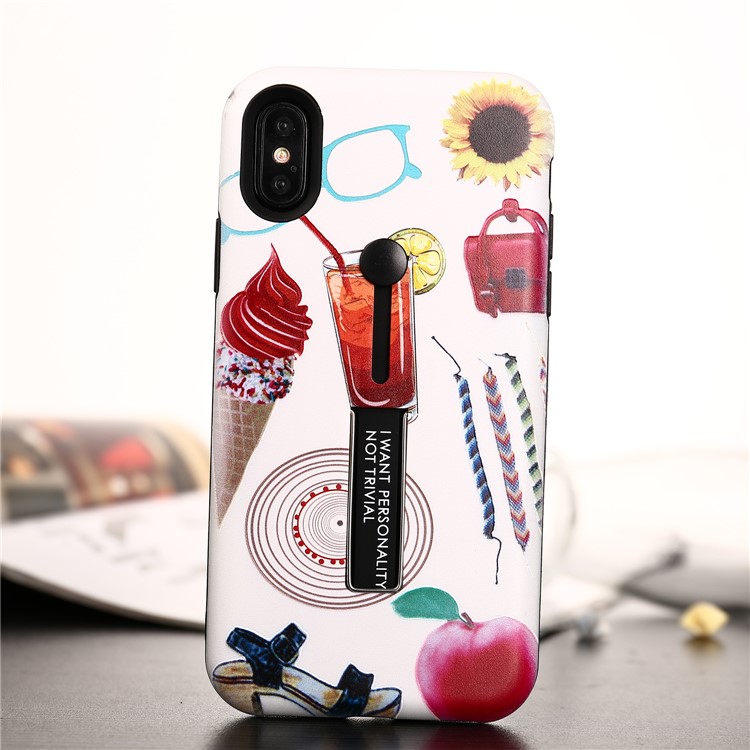 Embossment Pattern Printing TPU + PC Hybrid Mobile Case with Kickstand for iPhone X - Drink and Ice Cream-1