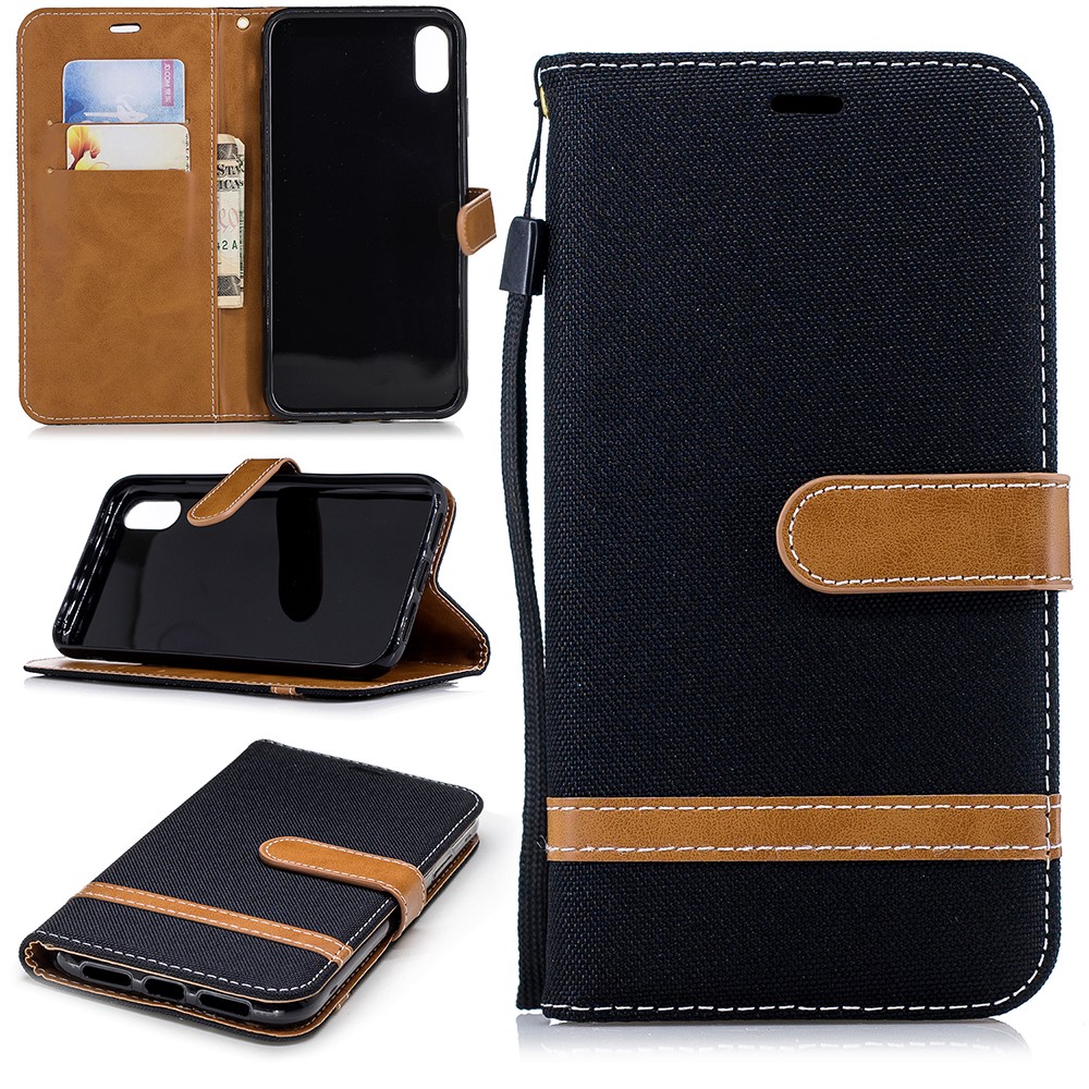 For iPhone XR 6.1 inch Assorted Color Jeans Cloth Wallet Stand Leather Phone Case - Black-1