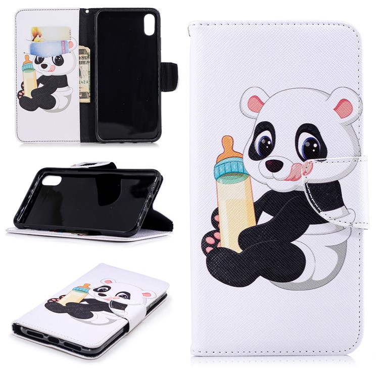 

Pattern Printing Wallet Stand Leather Mobile Shell for iPhone XS Max 6.5 inch - Panda Holding a Bottle