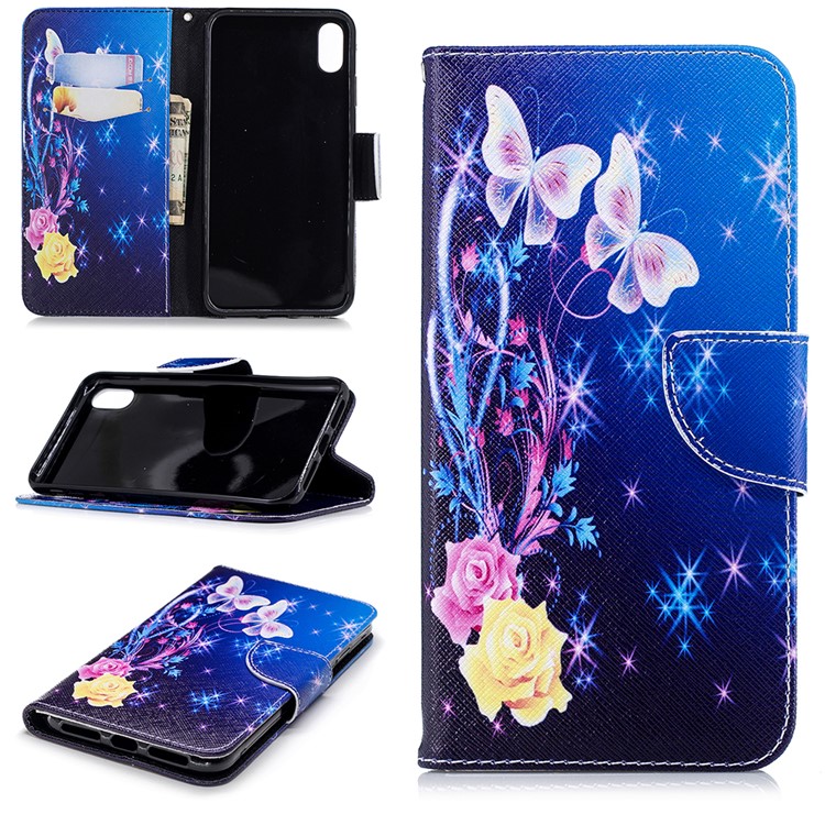 

For iPhone XS Max 6.5 inch Pattern Printing Stand Leather Magnetic Wallet Cell Phone Shell - Roses and Butterflies
